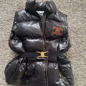 Celine Shiny Black Puffer Vest with Gold Buckle